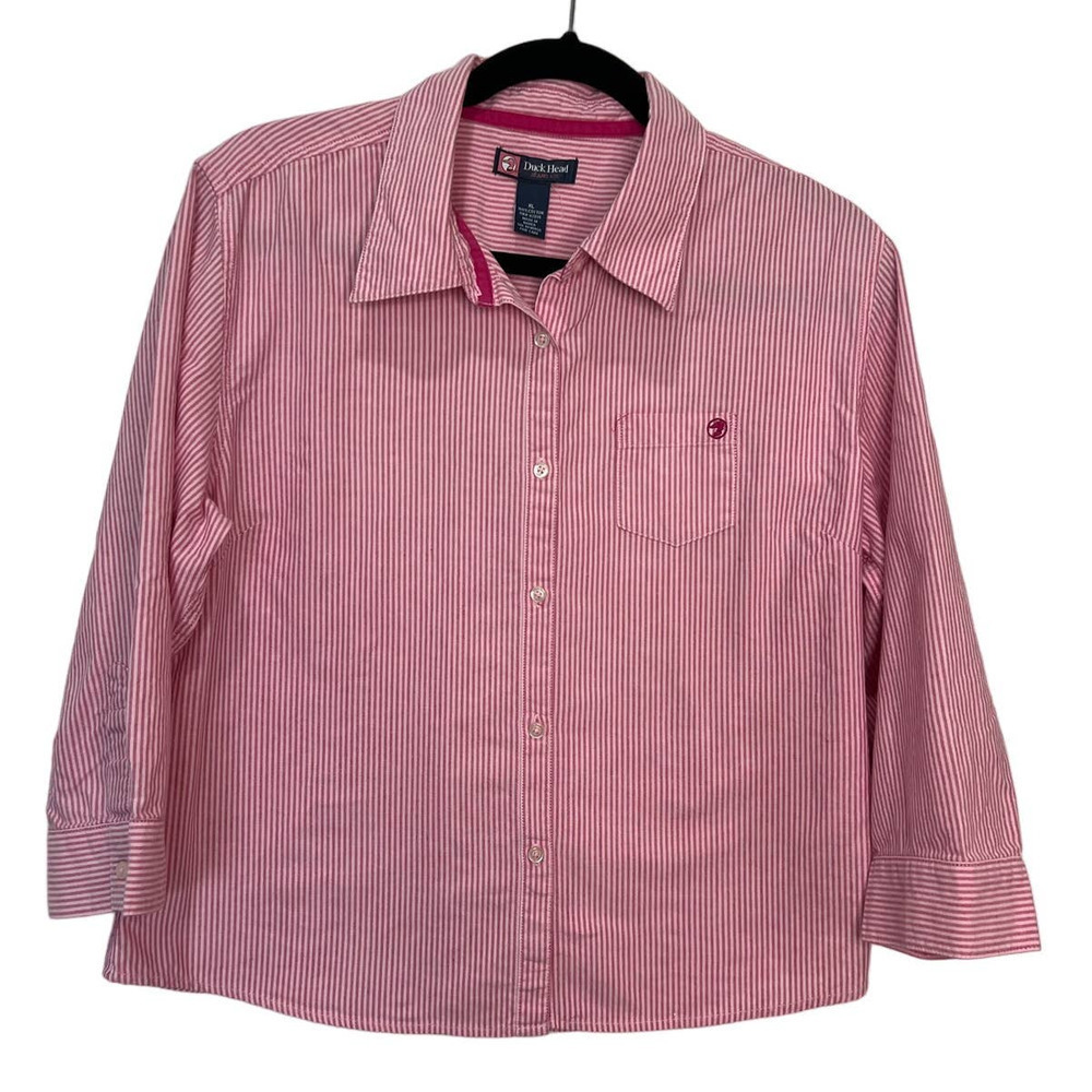 Duck Head Pink Striped Button Down Shirt Womens Size XL Pleated 3/4 Sleeves